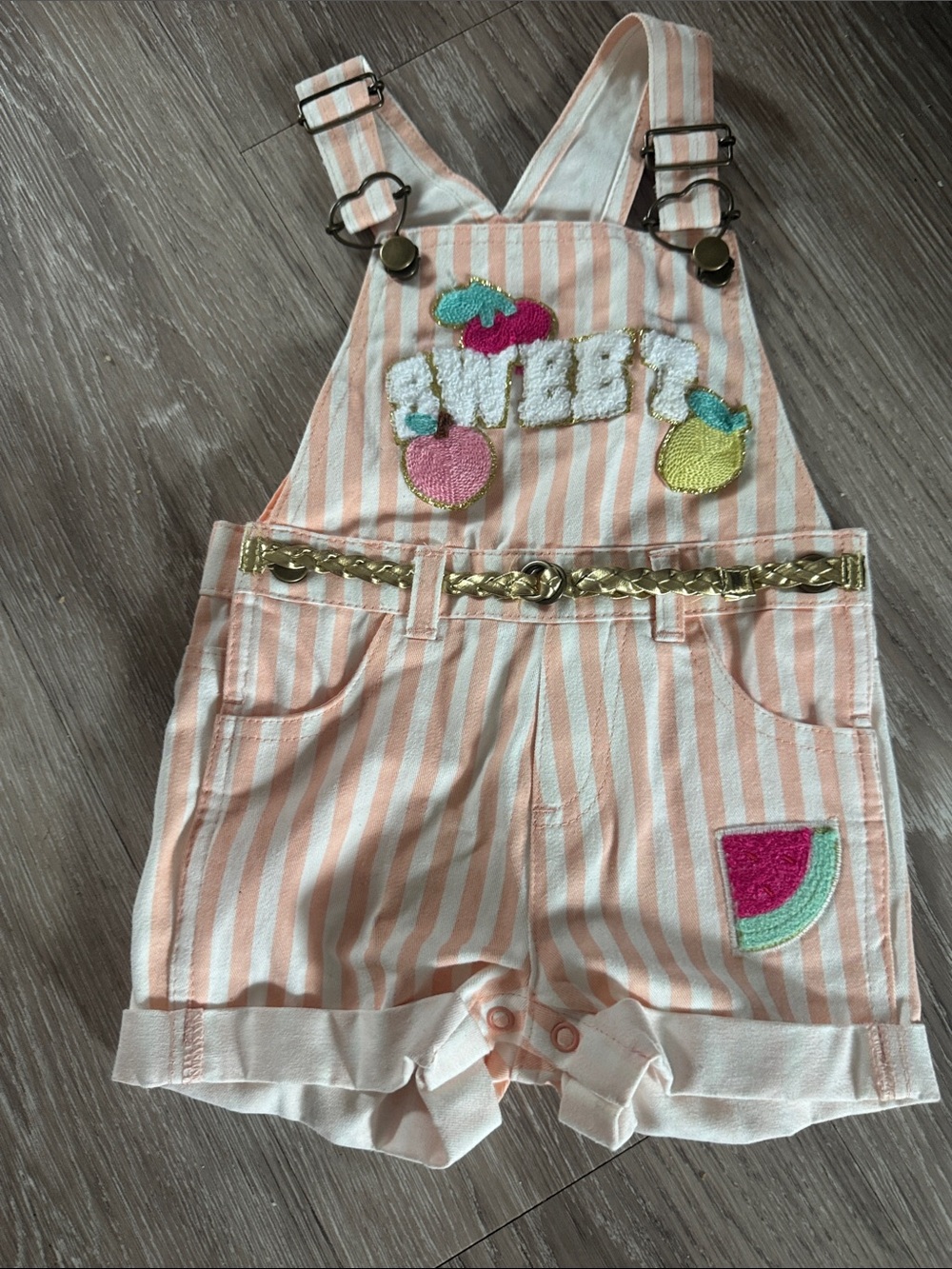 Kids Peach-White Striped Sweet Overalls with Gold Belt